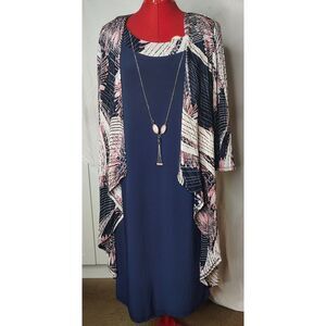NWT R&M Richards Crinkle Pattern Jacket Dress Size 10 Navy/Coral 1809 Necklace